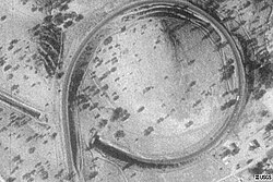 Tehachapi Loop, on the Union Pacific Railroad, California, United States, viewed from the air.