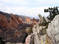Tilted slabs of sedimentary rock in Roxborough State Park near Denver