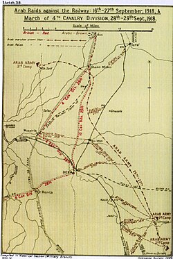 Falls Sketch Map 38 shows Arab raids on the Hejaz railway between 17 and 27 September, the advance of the Sherifial Army and the 4th Cavalry Division in the Deraa region