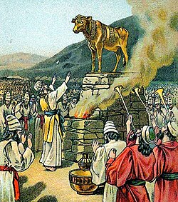 Worshiping the Golden Calf (illustration from a Bible card published 1901 by the Providence Lithograph Company)