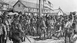 The raising of the Bear Flag and proclamation of the new independent California Republic in Sonoma Plaza, following the so-called Bear Flag Revolt on June 14, 1846