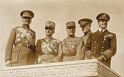 Military leaders of World War I: Jules Jacques de Dixmude (Belgium), Armando Diaz (Italy), Ferdinand Foch (France), John Pershing (United States), and David Beatty (United Kingdom)