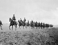 Men and horses of the Cavalry Division, British Expeditionary Force, retreat from Mons in August 1914.
