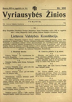 Title page of Vyriausybės Žinios with articles of the 1922 Constitution of Lithuania. The sixth article established Lithuanian as the sole official language of Lithuania.