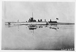Portside view of USS S-3 on her trials, May 1919, notice the complete lack of an enclosed bridge fairwater, or her 4"/50 caliber gun, a features that were added later