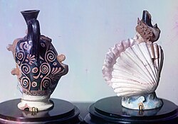 Ancient Etruscan "aryballoi" terracota vessels unearthed in the 1860s at Bolshaya Bliznitsa tumulus near Phanagoria, South Russia (formerly part of the Bosporan Kingdom of Cimmerian Bosporus, present-day Taman Peninsula); on exhibit at the Hermitage Museum in Saint Petersburg