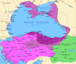 Kingdom of Pontus before the reign of Mithridates VI (120 BC, Dark Purple), after his early conquests (Light Purple), and his conquests in the First Mithridatic War (88 BC, Pink). Armenia is in Green