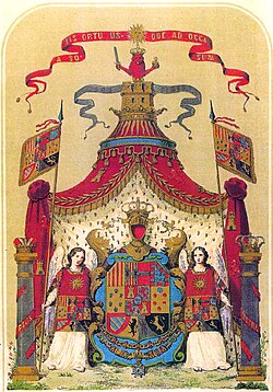 The ornamented royal coat of arms of the Kings of Spain during the Bourbon era, featuring a sun alongside the motto "a solis ortu usque ad occasum".