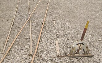 A narrow-gauge stub switch—this switch has an additional piece of movable rail instead of a frog.