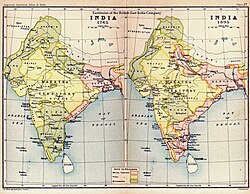 1765–1805 map of India, shown with a territorial division between Hindus, Muslims and the British