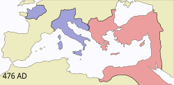 The Roman Empire by 476, noting western and eastern divisions