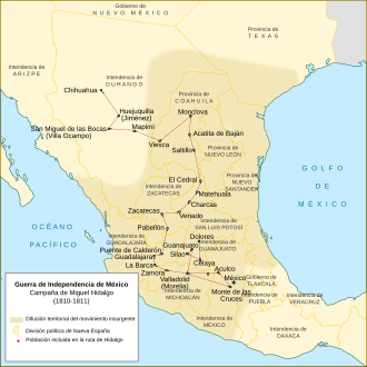 Towns on the route of Hidalgo's campaign and the regions where the insurgency took hold in 1810–1811.