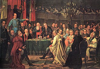 Ban Josip Jelačić at the opening of the first modern Croatian Parliament (Sabor), 5 June 1848. The Croatian tricolour flag can be seen in the background.