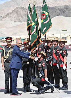 The President, Shri Ramnath Kovind presenting the prestigious President's Regimental Colours to all five Ladakh Scouts Battalions and Ladakh Scouts Regimental Centre, at Leh on August 21, 2017.