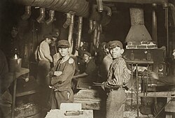 Child labor in Indiana glassworks, 1908, by Lewis Hine