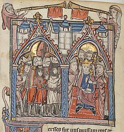 Two bishops place a crown on the head of a man sitting on a throne