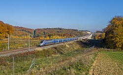TGV Duplex, seen on the LGV Rhin-Rhône in Héricourt, Haute-Saône. This service between Strasbourg and Montpellier runs on both high-speed and classic lines.