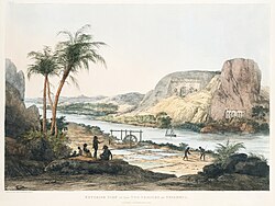 Exterior view of the temples of Abu Simbel and their surroundings in 1820 from Plates illustrative of the researches and operations in Egypt and Nubia by Italian explorer Giovanni Belzoni, showing sand partially covering the Great Temple