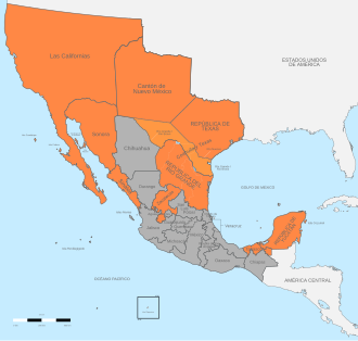 The Centralist Republic with the separatist movements generated by the dissolution of the Federal Republic. The revolt in Las Californias (top far left, orange) was in 1836. Area in rebellion Area claimed by the Republics of Texas and the Rio Grande Area not in rebellion