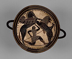 Bellerehron spears Chimera from underneath, while Pegasus strikes the monster with his hooves. Laconian Black Figure Kylix attributed to Boreads Painter, 570–565 B.C. J. Paul Getty Museum Malibu, California.