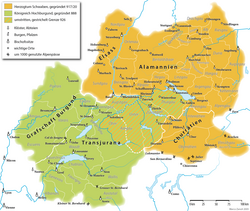 Duchy of Swabia around AD 1000 shown in gold yellow including (present-day) Alsace, the southern part of Baden-Württemberg, Bavarian Swabia, Vorarlberg in Austria, Liechtenstein, eastern Switzerland and small parts of northern Italy. In green: Upper Burgundy.