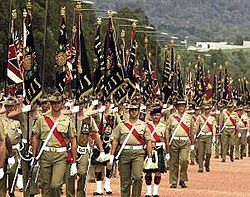 All colours of the Army were on parade for the centenary of the Army, 10 March 2001.