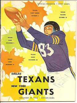 The club's nickname "Texans" was previously used by two franchises in Dallas (NFL: 1952; AFL: 1960–1962)