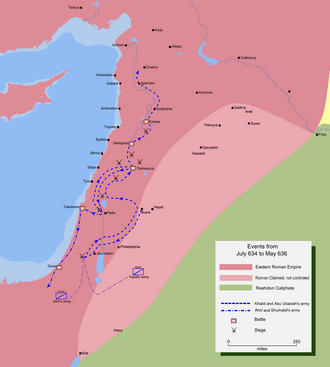Map detailing the route of Khalid ibn al-Walid's invasion of central Syria.
