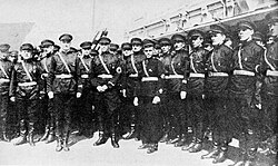 Anti–communist Russian Fascist Party Blackshirts, inspired by Italian Fascism, at Harbin Railway Station, 1934, waiting for arrival of their leader Konstantin Rodzaevsky