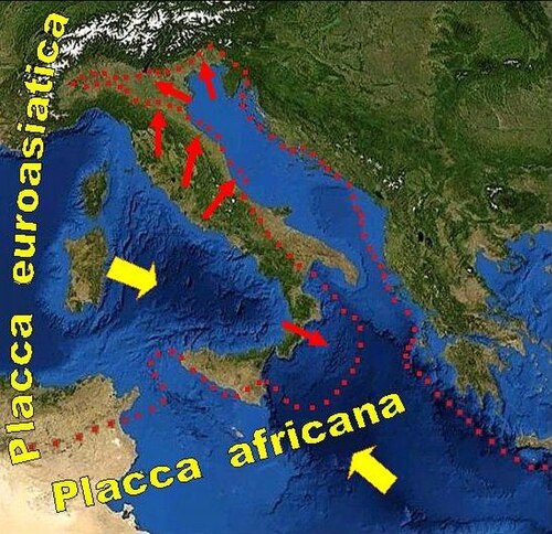 Tectonic dynamics in the Adriatic basin - The western limit of the Adriatic basin currently shifts by about 40 mm per year towards the east, under the thrust of the Eurasian plate, resulting in a gradual narrowing of the Adriatic Sea. The Po Valley is part of the African plate. (Text in Italian)