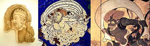 Iconographical evolution of the Wind God. Left: Greek wind god from Hadda, Afghanistan, 2nd century. Middle: wind god from Kizil Caves, Tarim Basin, 7th century. Right: Japanese wind god Fūjin, 17th century.