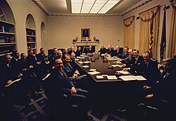 The Nixon cabinet poses for a photograph, days after Nixon's inauguration as president. Hickel is slightly left of center.