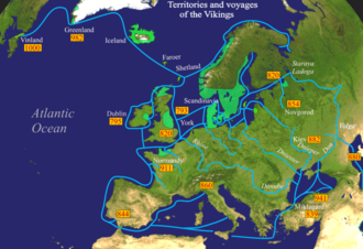 Viking expeditions (blue lines) and settlements (bright green)