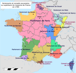The regional Parlements in 1789; note area covered by the Parlement of Paris