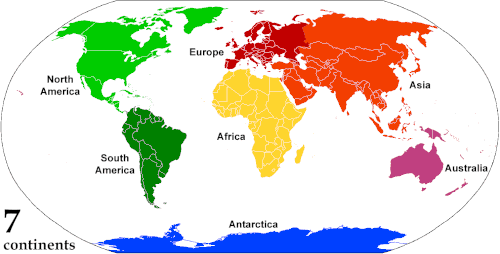 Animated, colour-coded map showing four to seven continents – depending on the convention and model, some continents may be consolidated or subdivided.