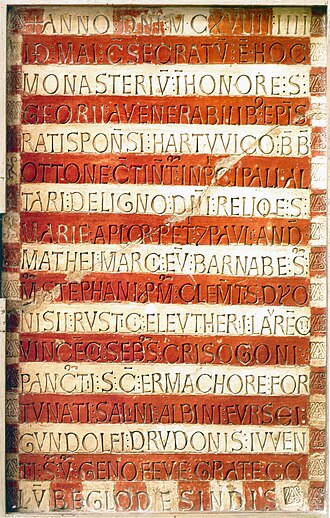 The Prüfening dedicatory inscription from Bavaria, dated to 1119, composed in Medieval Latin. It was printed rather than carved.