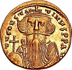 Coin of Constans II (r. 641–648), who is named in Chinese sources as the first of several Byzantine emperors to send embassies to the Chinese Tang dynasty[76]