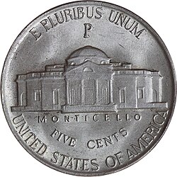 Reverse of a wartime nickel, with the P mintmark of the Philadelphia mint located above Monticello