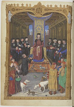 Grand Master Pierre d'Aubusson with senior knights, wearing the "Rhodian cross" on their habits. Dedicatory miniature in Gestorum Rhodie obsidionis commentarii (account of the Siege of Rhodes of 1480), BNF Lat 6067 fol. 3v, dated 1483/4.