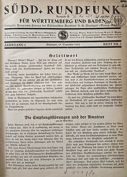 Program guide of Süddeutsche Rundfunk AG (SÜRAG) Stuttgart (18 September 1924)