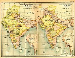 India in 1837 and 1857, showing East India Company-governed territories in pink