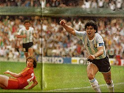 Maradona celebrating scoring a goal against Belgium at the 1986 World Cup.