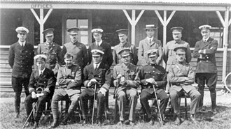 The Central Flying School staff at Upavon in January 1913. Trenchard is in the front row, shown third from the right.