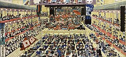 The July 1858 production of Shibaraku is portrayed at the Ichimura-za theatre in Edo; Triptych woodblock print by Utagawa Toyokuni III