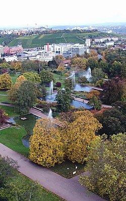 Killesbergpark with fountains and vineyards in the background