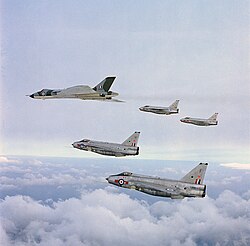 A Vulcan leads four Lightnings in formation to commemorate the formation of Strike Command in 1968.