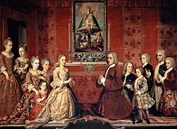 The Fagoaga Arozqueta family. A colonial Mexican criollo couple of Spanish [basque] ancestry with their ten children in Mexico City, New Spain, anonymous painter, ca. 1735. Museo Nacional de San Carlos of Mexico City.[26]
