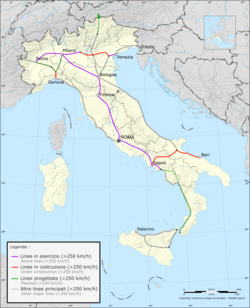 Map of Italian high-speed and higher speed rail network