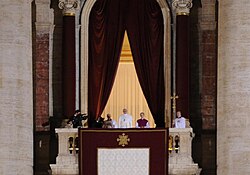 Francis appears in public for the first time as pope, at St. Peter's Basilica balcony, 13 March 2013