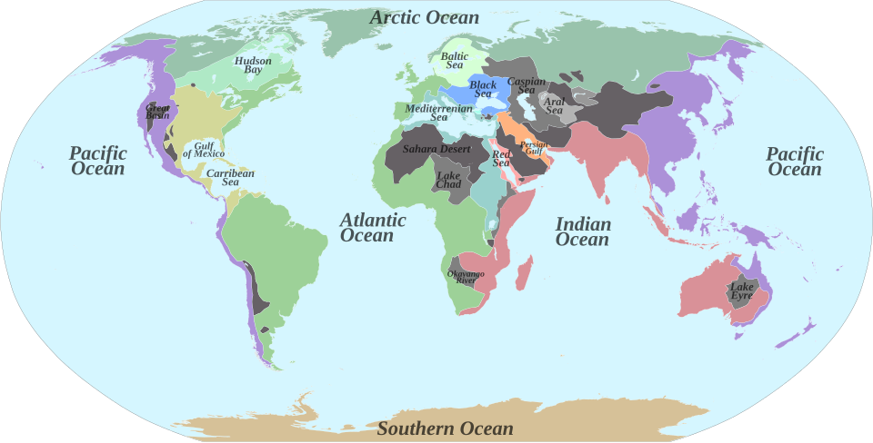 Major continental divides, showing how terrestrial drainage basins drain into the oceans. Grey areas are endorheic basins that do not drain to the oceans